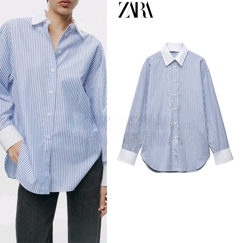 เสื้อเชิ้ต กระดุมแถวเดียว ลายทาง สีคอนทราสต์ แฟชั่นฤดูใบไม้ร่วง สไตล์ใหม่ สําหรับผู้หญิง 9479307