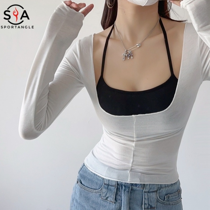 【Sportsangel】เสื้อยืดแขนยาว ตัวสั้น เซ็กซี่ เหมาะกับการเล่นโยคะ กีฬา พิลาทิส