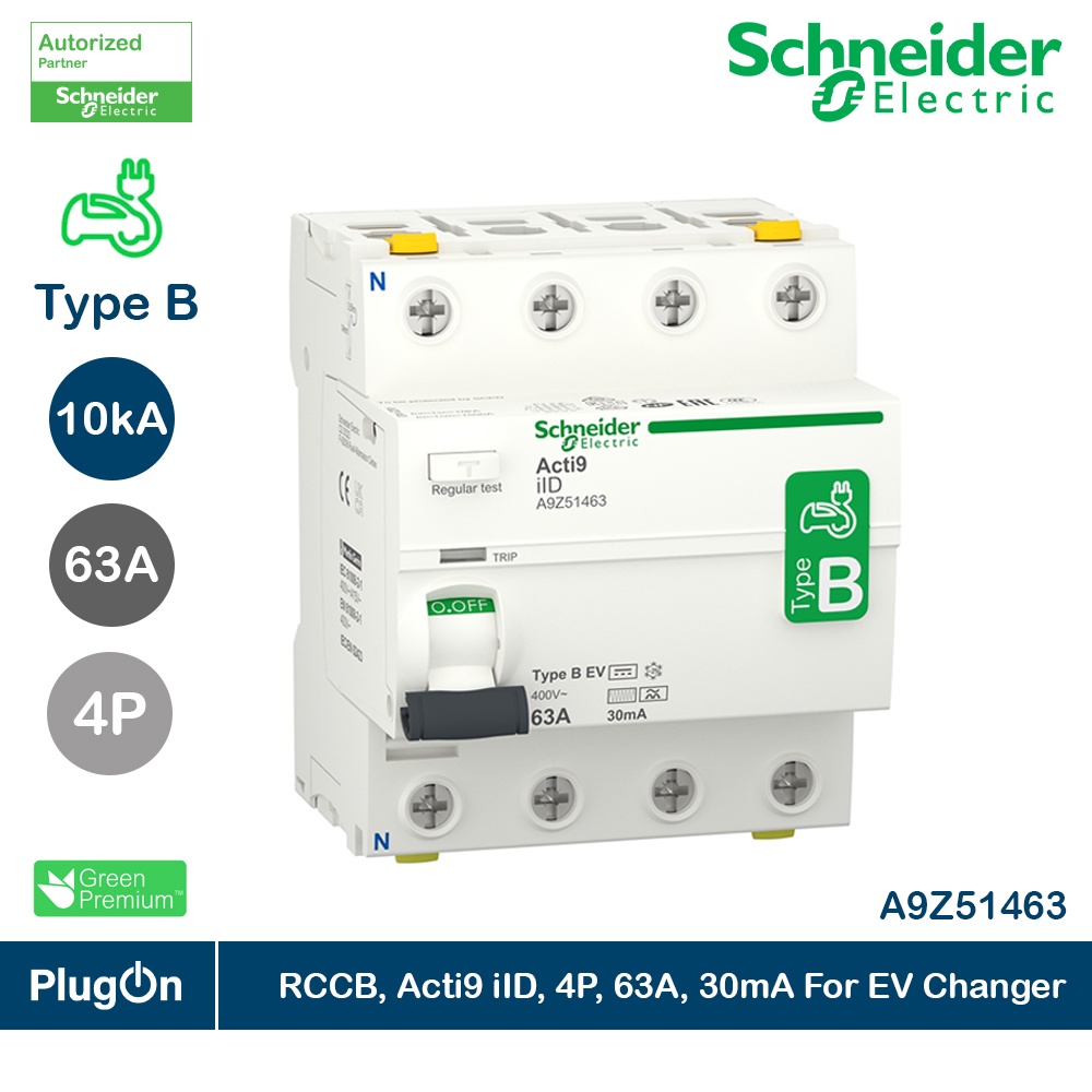 Schneider  A9Z51463 EV Charger Residual Current Circuit Breaker,Acti9 ilD 4P 63A 30mA Type B, RCCB