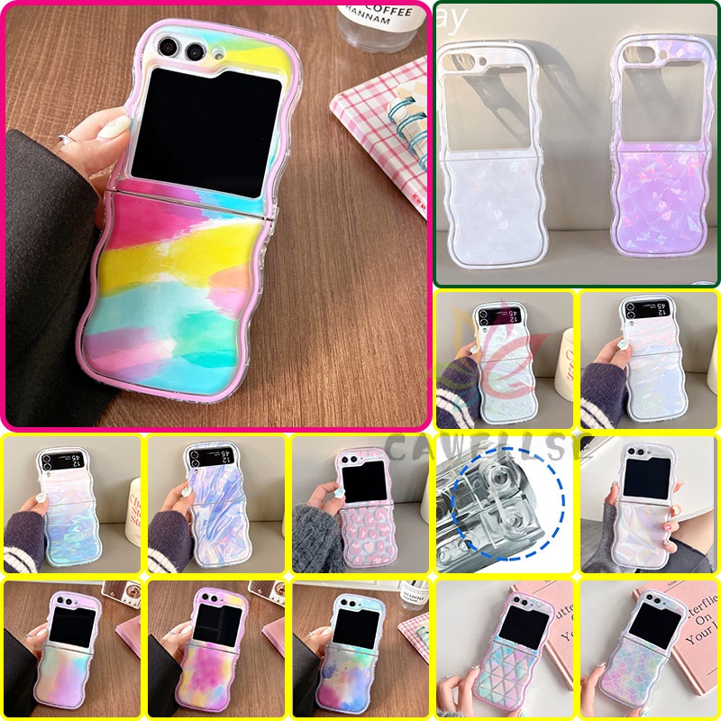 Rainbow Marble Wave กรอบ Soft TPU ปลอกซิลิโคน Samsung Galaxy Z Flip 5 6 Z Flip 4 ขอบหยักกรณีรูปแบบเปลือกกันกระแทกฝาครอบใส Samsung Z Flip 3