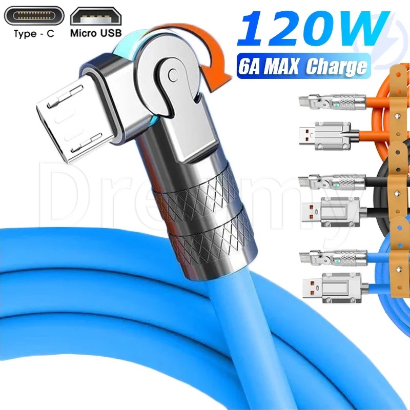 120w 180° สายชาร์จเร็ว พอร์ตหมุนได้ 5A 6A Micro USB Type C สําหรับโทรศัพท์ Android สายเคเบิลข้อศอกเล่นเกม