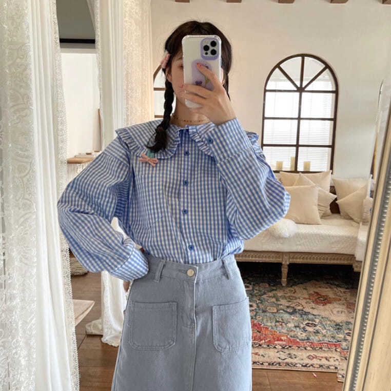 เสื้อเชิ้ตแขนยาว คอปก ลายสก๊อต ทรงหลวม สไตล์เกาหลี แฟชั่นฤดูใบไม้ผลิ และฤดูร้อน สําหรับผู้หญิง
