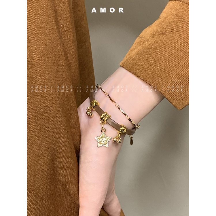 สร้อยข้อมือหนัง สีน้ําตาล ดาวคู่ สไตล์ย้อนยุค ฤดูใบไม้ร่วง และฤดูหนาว สําหรับผู้หญิง