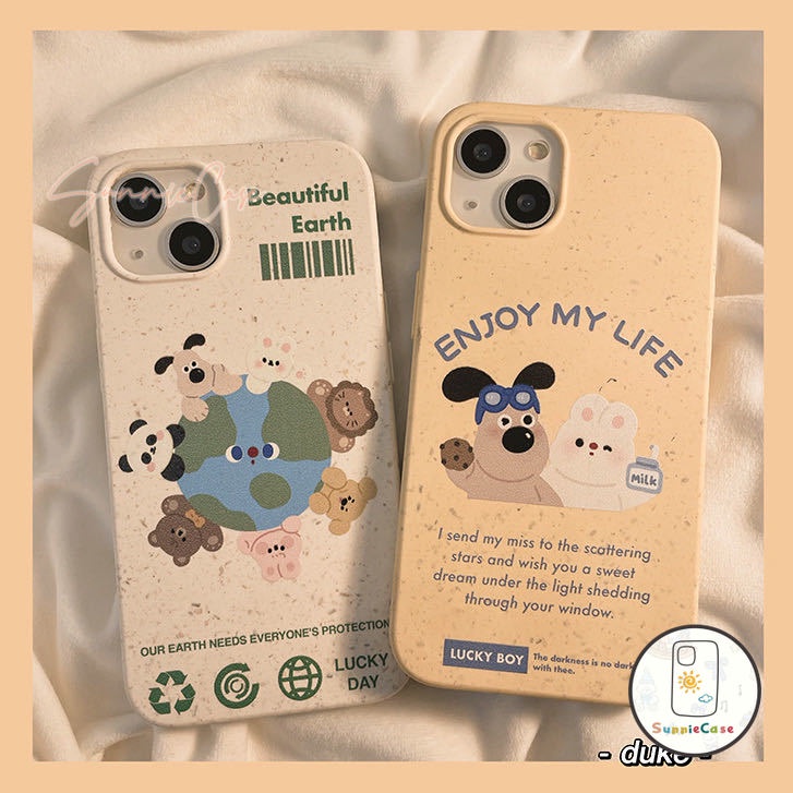 การ์ตูนสัตว์ปกป้องแผ่นดินอ่อนเปลือกย่อยสลายได้ iPhone 15 11 12 13 14 Pro Max 7Plus 15 8 6S 7 6 Plus X XR XS Max SE 2020