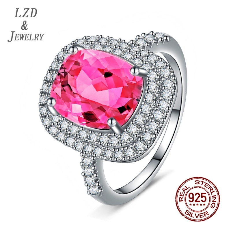 LZD - High-End Pink Fat Square Diamond Big Diamond Colored Gems Tourmaline Ring 925 Silver