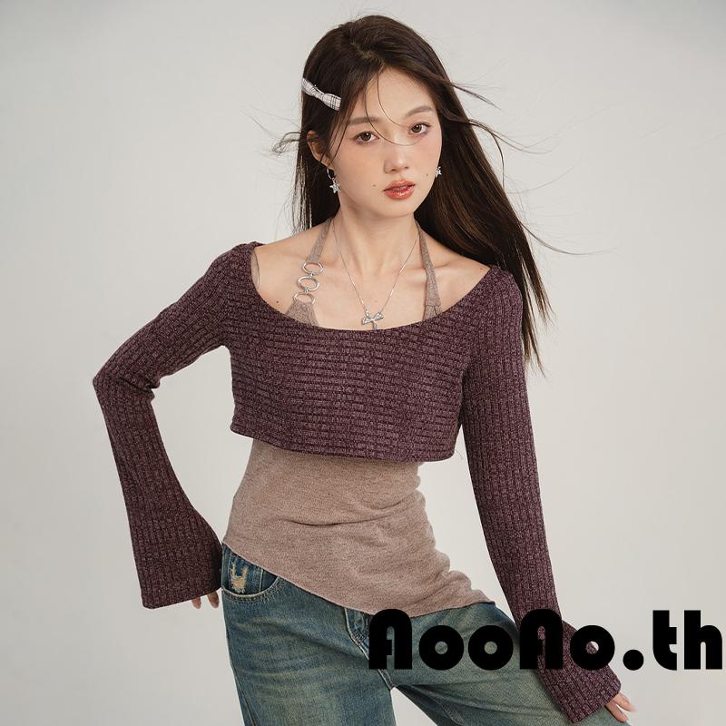Aooao-เสื้อกล้ามสีทึบสําหรับผู้หญิง Tie-Up Halter คอเสื้อแขนกุดเปลือยพร้อมเสื้อครอปแขนยาว