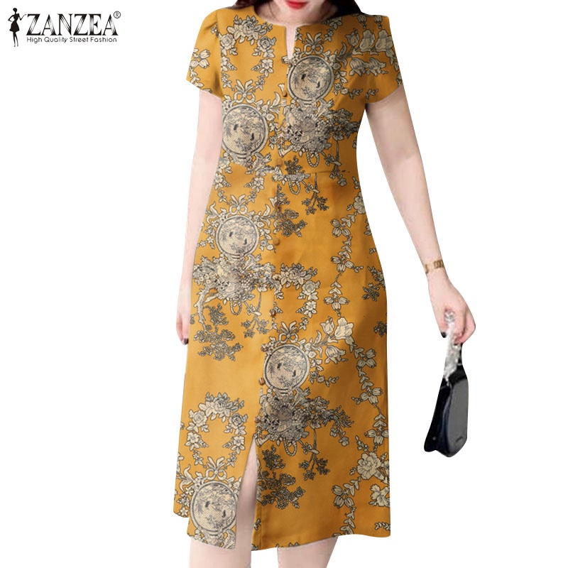 Zanzea ชุดเดรสลําลอง คอกลม แขนสั้น ผ้าฝ้าย พิมพ์ลาย สไตล์เกาหลี สําหรับผู้หญิง