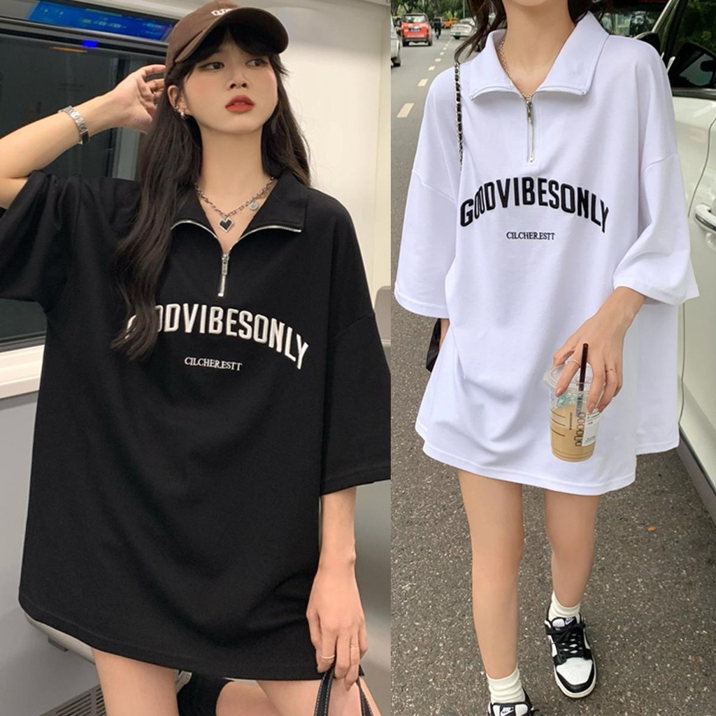 mimi&didi.M-2XL เสื้อผู้หญิง เสื้อโปโลโอเวอร์ไซส์ สไตล์เกาหลี ลายสกรีนตัวหนังสือ แขนสั้น#2434