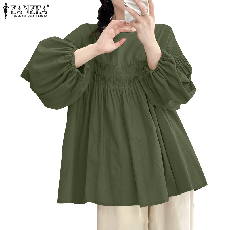 Zanzea เสื้อเบลาส์แขนโคมไฟสีทึบคอกลมลําลองเกาหลีสําหรับผู้หญิง