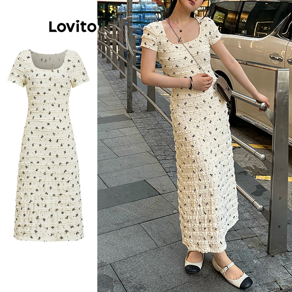Lovito ชุดเดรสขอบผักกาดหอมลายดอกไม้เล็ก ๆ หรูหราสำหรับผู้หญิง L108ED609