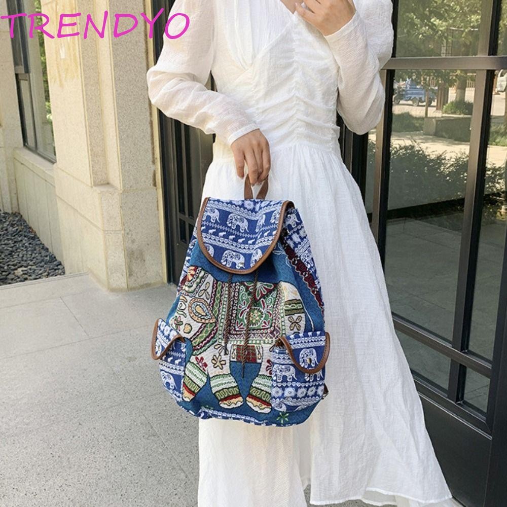 Trendyo ช้างเย็บปักถักร้อย Knapsack, Bohemian Jacquard กระเป๋าเป้สะพายหลังสไตล์ชาติพันธุ์, แฟชั่น Retro พิมพ์นกฮูกกระเป๋าสะพายลําลอง Lady