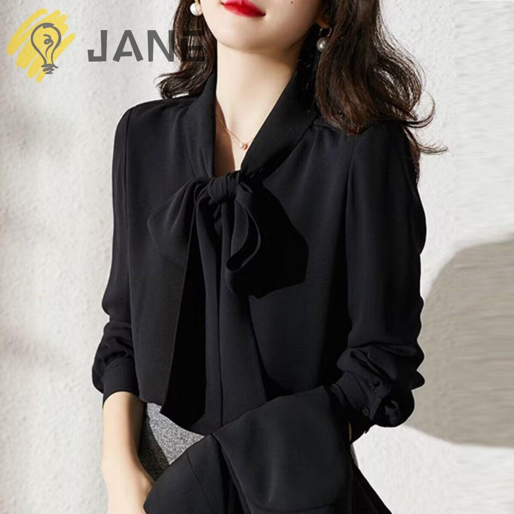 Jane เสื้อเชิ้ตแขนยาว,การเฉลิมฉลอง, ราชินี,เสื้อชีฟอง Riband ผู้หญิง,สีทึบ Slim Fit Office Lady Blouse