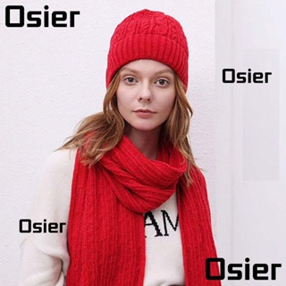 Osier1 หมวกบีนนี่ถัก ผ้าพันคอ ผ้าวูล สีพื้น ให้ความอบอุ่น แฟชั่นฤดูหนาว สําหรับผู้หญิง