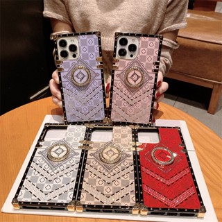 เคสโลหะ ทรงสี่เหลี่ยม ลายตารางหมากรุก พร้อมขาตั้ง สําหรับ iPhone 15 14 Pro Max 14 Plus 13 Pro Max
