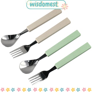 WISDOMEST ชุดช้อนส้อม สเตนเลส สีฟ้า สีเขียว สําหรับเด็กวัยหัดเดิน 2 ชุด