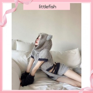 [Littlefish] ชุดสูท มีฮู้ด ผ้าถัก แต่งหูแมว ขนฟู สีเทา แฟชั่นสําหรับเด็กผู้หญิง สองชิ้น