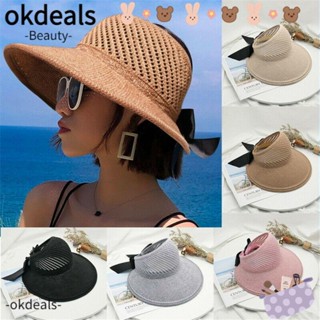 Okdeals หมวกปีกกว้างลําลอง ประดับโบว์ กันแดด แบบพกพา เหมาะกับเดินชายหาด