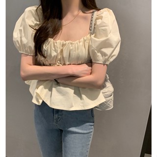 เสื้อเชิ้ตแขนพัฟ คอสี่เหลี่ยม เอวแคบ เข้ารูป สีพื้น สไตล์เกาหลี สําหรับเด็ก 2023