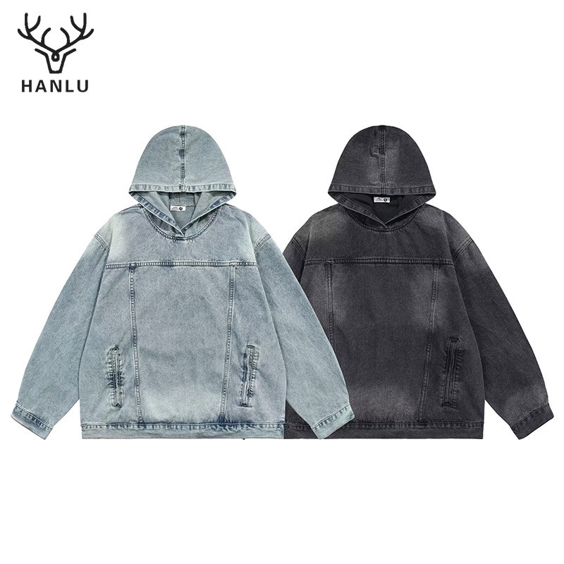 Hanlu เสื้อกันหนาว แขนยาว ผ้าเดนิม มีฮู้ด สีฟ้า สไตล์อเมริกันย้อนยุค สําหรับทุกเพศ