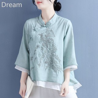 Chinese style retro boxer buckle shirt summer loose cotton and linen improved Han clothing Zen tea clothing womens top