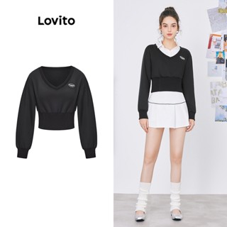 Lovito เสื้อสเวตเตอร์ ลำลอง คอวี สีพื้น สไตล์เกาหลี สำหรับผู้หญิง L59ED069 (สีดำ)