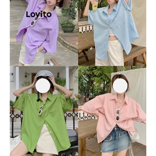 Lovito เสื้อเบลาส์ลําลอง ธรรมดา มีกระเป๋า สําหรับผู้หญิง LNE17207 (สีขาว/ชมพู/ฟ้า)