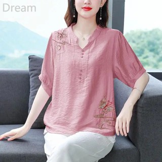 Chinese mother V-neck embroidered cotton and linen top womens summer new large size loose half sleeve fat belly cover top