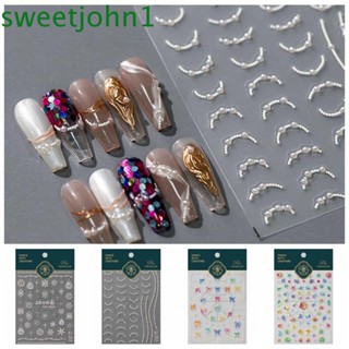 Sweetjohn สติกเกอร์ติดตกแต่งเล็บ ลายเกล็ดหิมะ ประดับไข่มุก โบว์ สีขาว สไตล์ฝรั่งเศส DIY