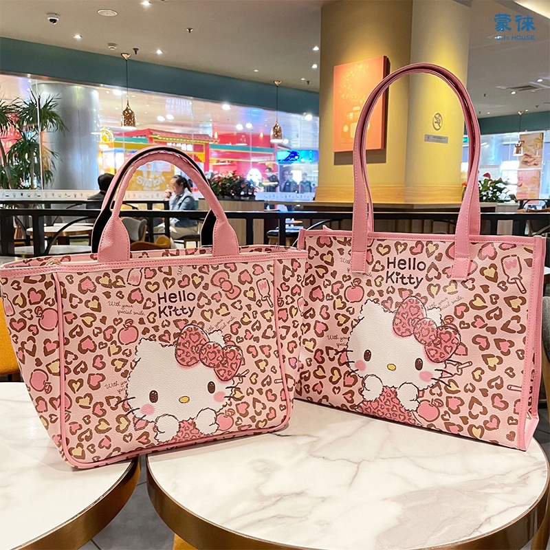 Sanrio Hello Kitty Kawaii Leopard Print KT Cat PU กระเป๋าถือ กระเป๋าสะพายไหล่ หูหิ้ว ขนาดใหญ่ จุของได้เยอะ สําหรับคุณแม่