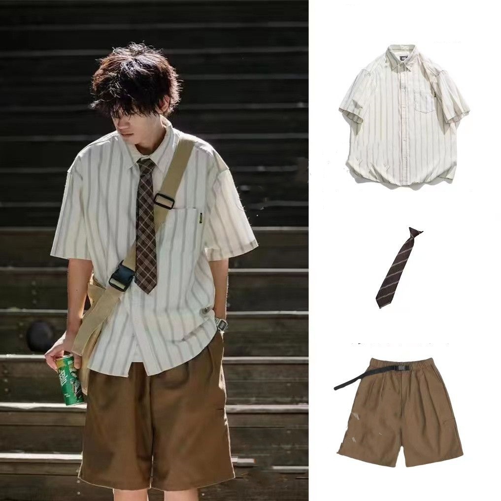 [Top+Pants] เสื้อเชิ้ตแขนสั้น ลายทาง ทรงหลวม สไตล์ญี่ปุ่น เรโทร สําหรับผู้ชาย ผู้หญิง คู่รัก