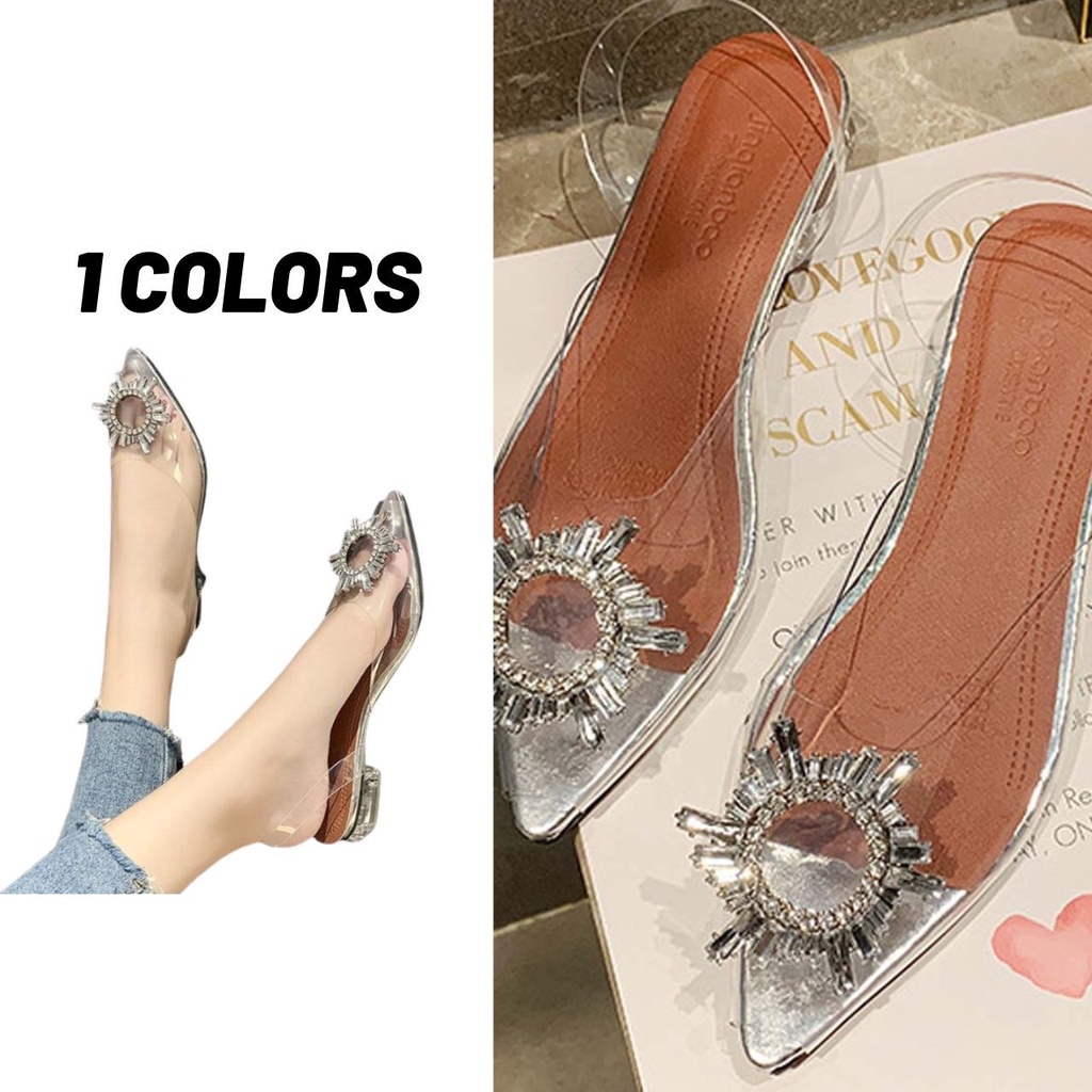 Sale80% รองเท้าคัชชูรัดส้น ทรงหัวแหลม ประดับคริสตัลเพชร สีใส มีเบอร์ 34-43 (28)