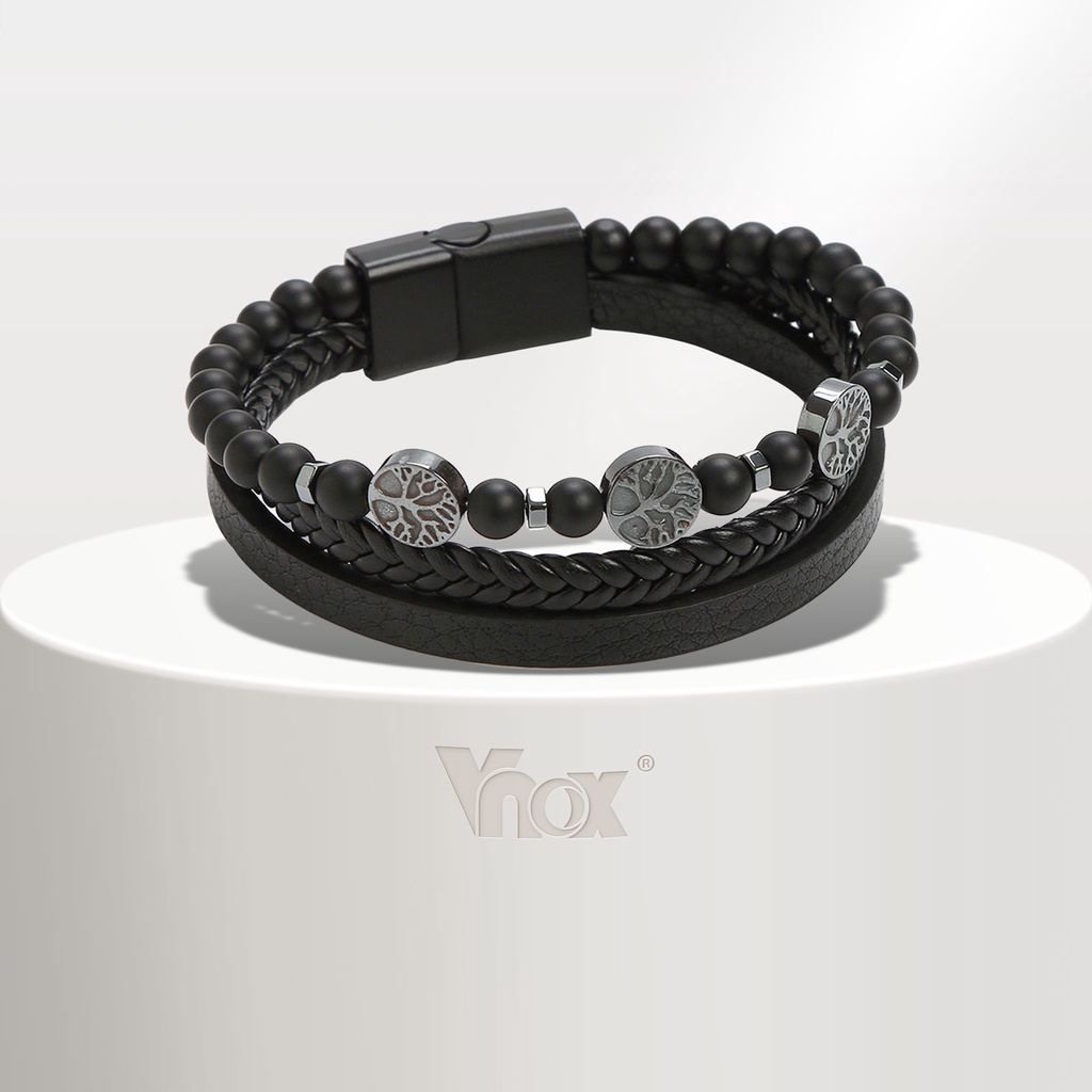 Vinox วินเทจ ต้นไม้แห่งชีวิต ธรรมชาติ หิน สร้อยข้อมือผู้ชาย, สีดํา ทอ หนัง หลายชั้น สายรัดข้อมือ โซ่ ของขวัญ เครื่องประด