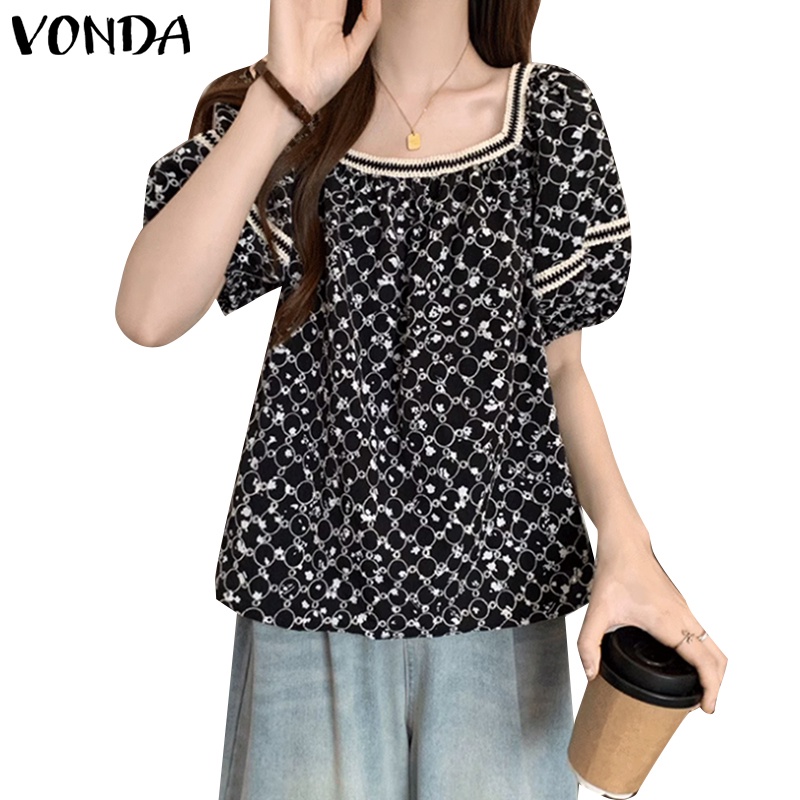 Vonda เสื้อเบลาส์ แขนสั้น คอสี่เหลี่ยม แขนพอง ลายดอกไม้เรขาคณิต สไตล์เกาหลี สําหรับผู้หญิง
