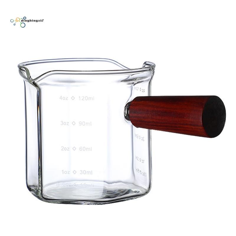 【dinghingxi2】เหยือกแก้วตวงกาแฟเอสเปรสโซ่ นม ด้ามจับไม้ ปากคู่ 120 มล.