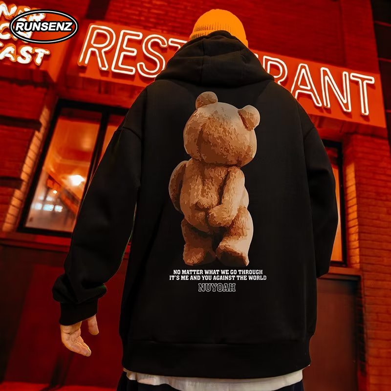 เสื้อกันหนาวลําลอง มีฮู้ด พิมพ์ลายหมี ทรงหลวม พลัสไซซ์ แฟชั่นสําหรับผู้ชาย ไซซ์ M - 8XL