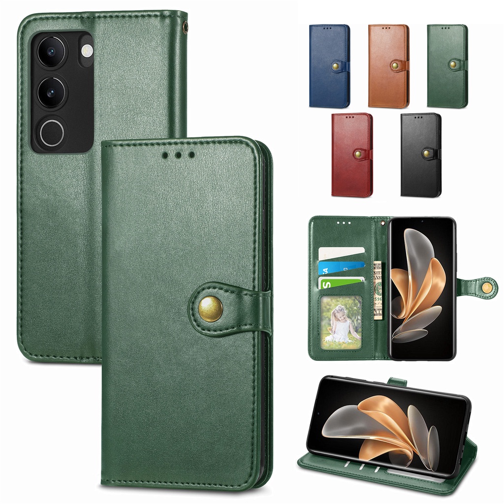 เคสโทรศัพท์หนัง ฝาพับ พร้อมช่องใส่บัตร กันกระแทก สีพื้น สําหรับ Vivo V29 V29e 2023 Vivov29 V2250 Vev