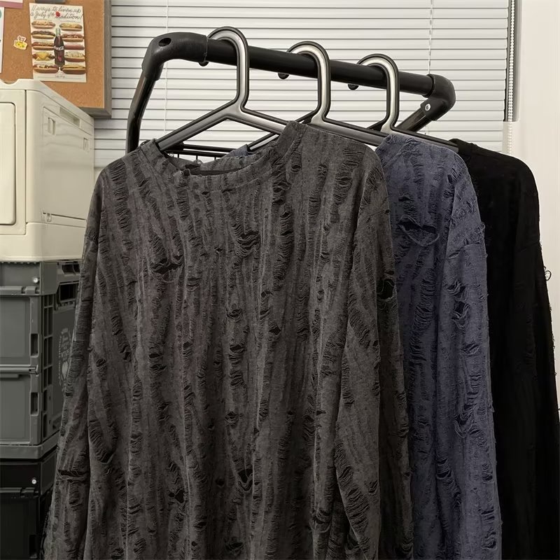 Hollow Hollow Hollow เสื้อยืดแขนยาวผู้ชายฤดูใบไม้ร่วงฤดูหนาวอเมริกัน Retro High-End Top อินเทรนด์สบายๆภายใน Bottoming เสื้อ M-3XL - รูปที่ 6