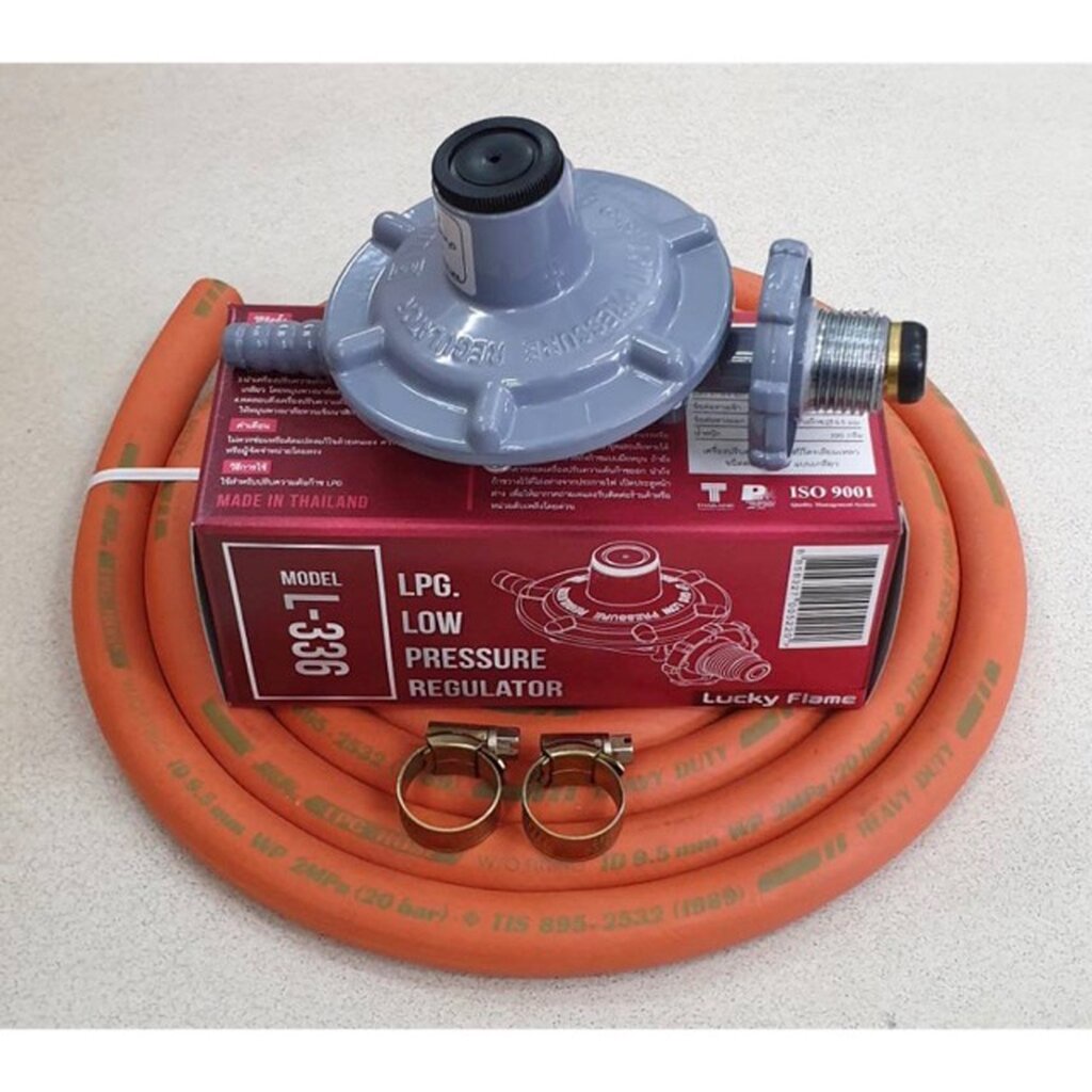 หัวปรับแรงดันต่ำ ลัคกี้เฟลม L-336 รุ่นใหม่ พร้อมสายแก๊ส NCR คุณภาพสูง มาตรฐาน มอก. 2 เมตร ตัวรัด 2 ตัว