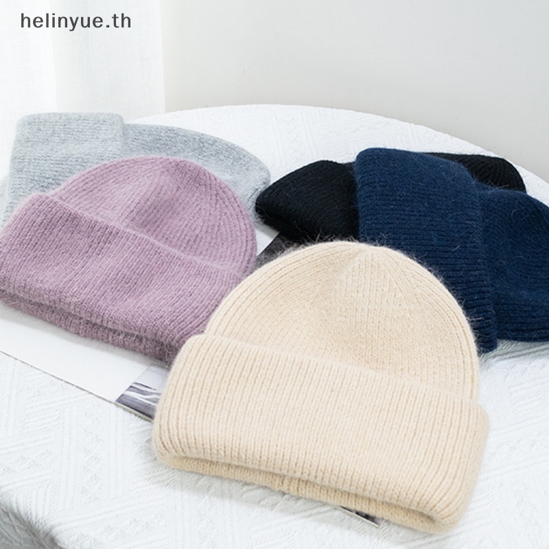 Helinyue หมวกบีนนี่ ผ้าถัก แบบหนา ยืดหยุ่น แต่งขนกระต่าย พับได้ สีพื้น แฟชั่นฤดูหนาว สําหรับผู้หญิง เล่นสกีกลางแจ้ง