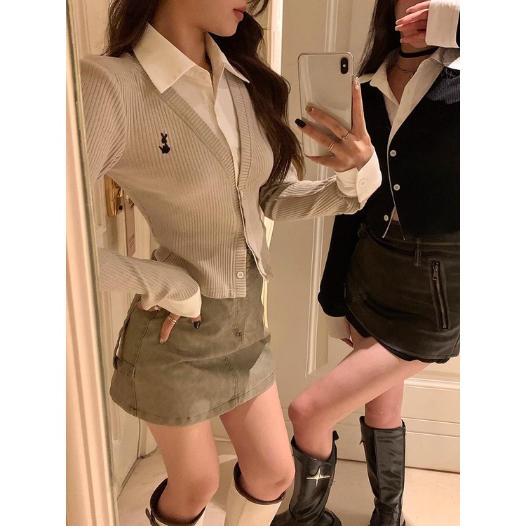 เสื้อคาร์ดิแกน แขนสั้น คอโปโล ปักลาย ทรงสลิมฟิต แฟชั่นฤดูใบไม้ร่วง สําหรับผู้หญิง - รูปที่ 3