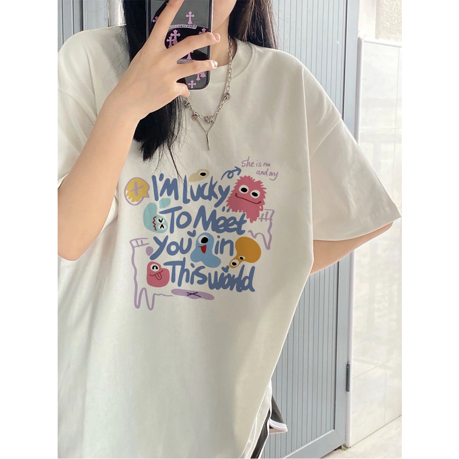 Nuziro เสื้อยืด oversize - เสื้อยืดลายการ์ตูนน่ารักพิมพ์ตัวอักษรแขนสั้น #T0750