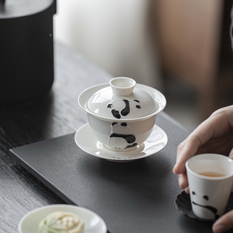 Panda Gaiwan เดี่ยวชามชาน่ารักเซรามิคไม่ร้อน Sancai Gaiwan Kung Fu ชุดชา [A371]