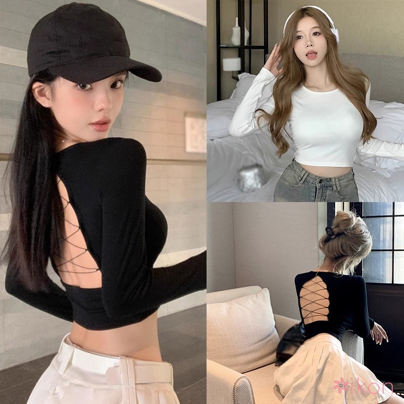 เสื้อครอปท็อปแขนยาว เปิดหลัง เข้ารูป สีพื้น สไตล์เกาหลี สําหรับผู้หญิง