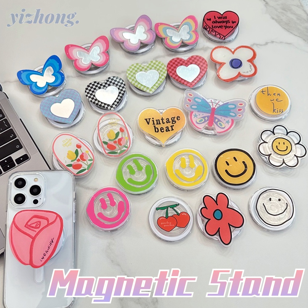 เคสโทรศัพท์มือถือ PC กันกระแทก ลายผีเสื้อ หน้ายิ้ม พร้อมขาตั้งแม่เหล็ก สําหรับโทรศัพท์มือถือ แท็บเล็ต