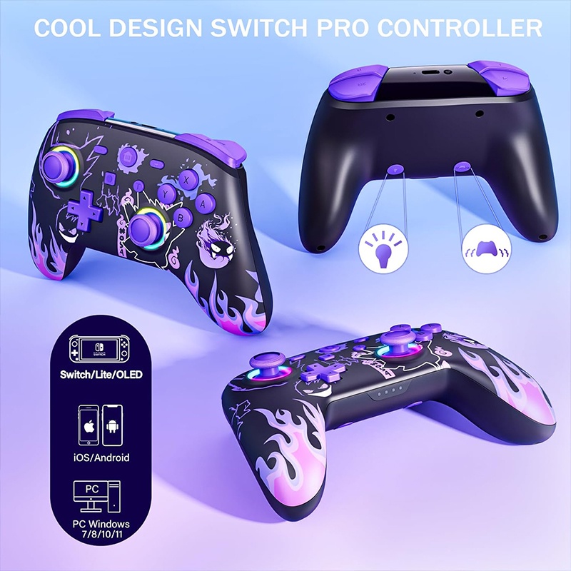 จอยสติ๊กควบคุม แบบไร้สาย สําหรับ Nintendo Switch OLED Lite พร้อมจอยสติ๊ก LED Motion Vibration Turbo Wakeup Gengar