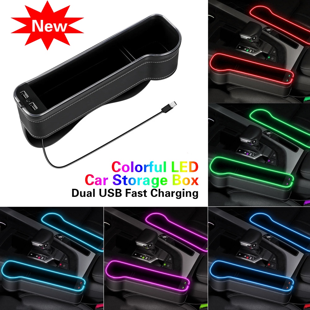 กล่องเก็บของในรถยนต์ พร้อมที่ชาร์จ USB 2 ช่อง ช่องว่างที่นั่ง LED หลากสี ช่องว่างช่องว่างช่องว่างช่องว่างช่องว่างที่นั่ง ช่องใส่การ์ด โทรศัพท์ ขวด ที่วางแก้ว