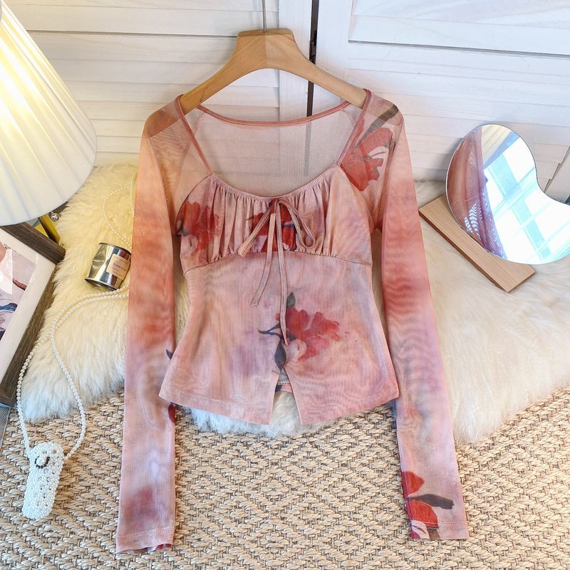 [สินค้าใหม่] เสื้อยืดแขนยาว คอสี่เหลี่ยม แต่งจับจีบ เอวแคบ สีคอนทราสต์ แฟชั่นฤดูใบไม้ร่วง สไตล์เรโทร สําหรับเด็กผู้หญิง