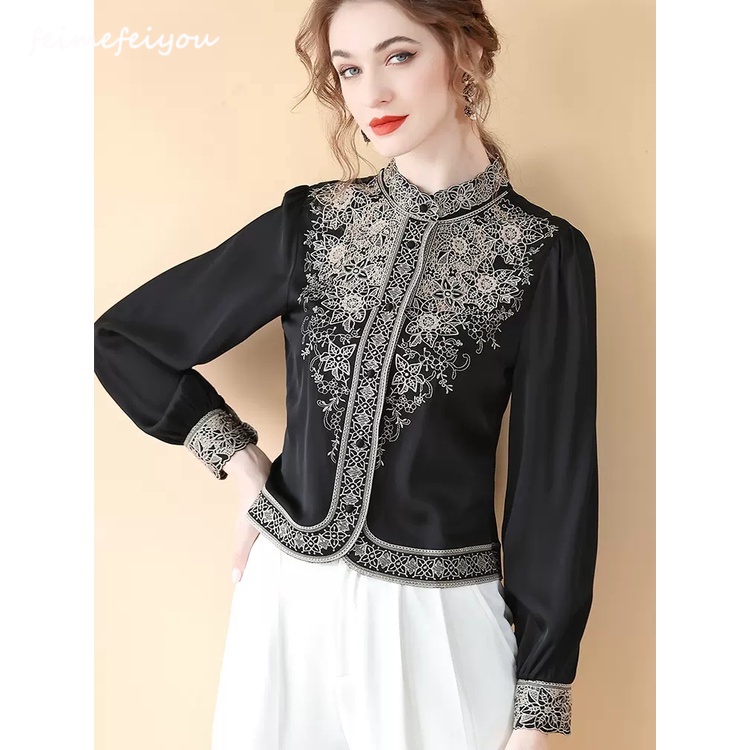 เสื้อเบลาส์ คอปกตั้ง ปักลาย สไตล์จีน พลัสไซซ์ สีดํา สําหรับผู้หญิง