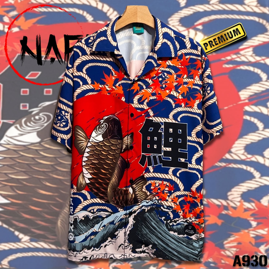 เสื้อเชิ้ต ผ้าเรยอน ลายปลาอาทิตย์ ใบไม้ สีแดง สไตล์ฮาวาย A930