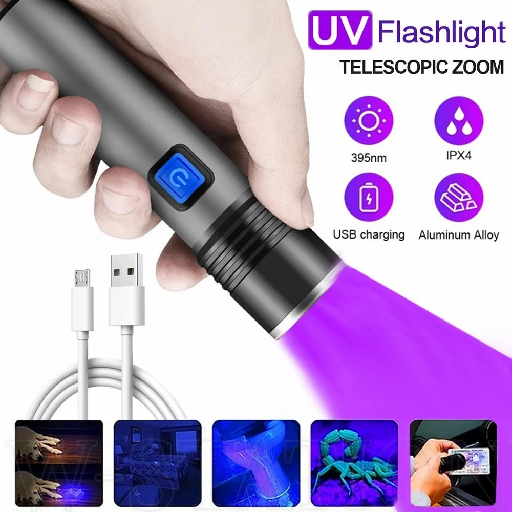 ไฟฉาย UV 395 365nm ซูมได้ 3 โหมด / ไฟฉายอัลตราไวโอเลตอัลตราไวโอเลต ขนาดเล็ก แบบพกพา / ไฟฉายแบบชาร์จไฟ USB LED UV สีดํา / เครื่องตรวจจับปัสสาวะสัตว์เลี้ยง กันน้ํา